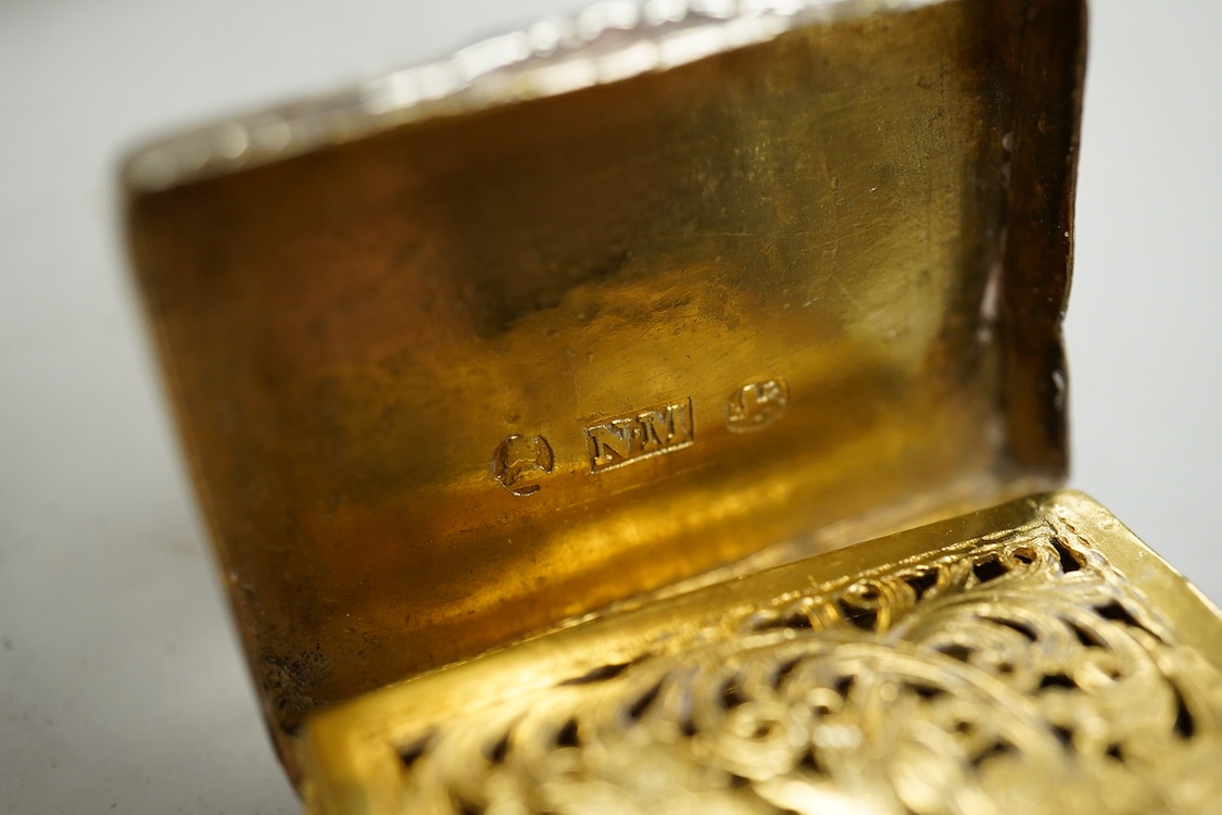 A William IV silver rectangular vinaigrette, by Nathaniel Mills, Birmingham 1830, 30mm(tired), together with a William IV silver pap boat, London, 1832, with later added hallmarked Victorian handle.